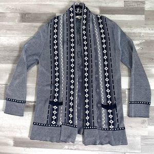 TK | Women’s Navy / White Open Front Geometric Cardigan Sweater | Size XXL